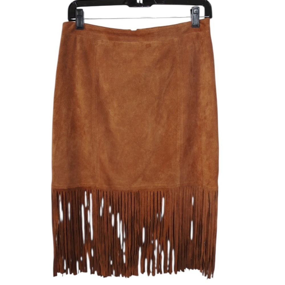 NEW! SUEDE LEATHER CUSP NEIMAN MARCUS Brown Fringe Western Boho Skirt SZ  SM NWT